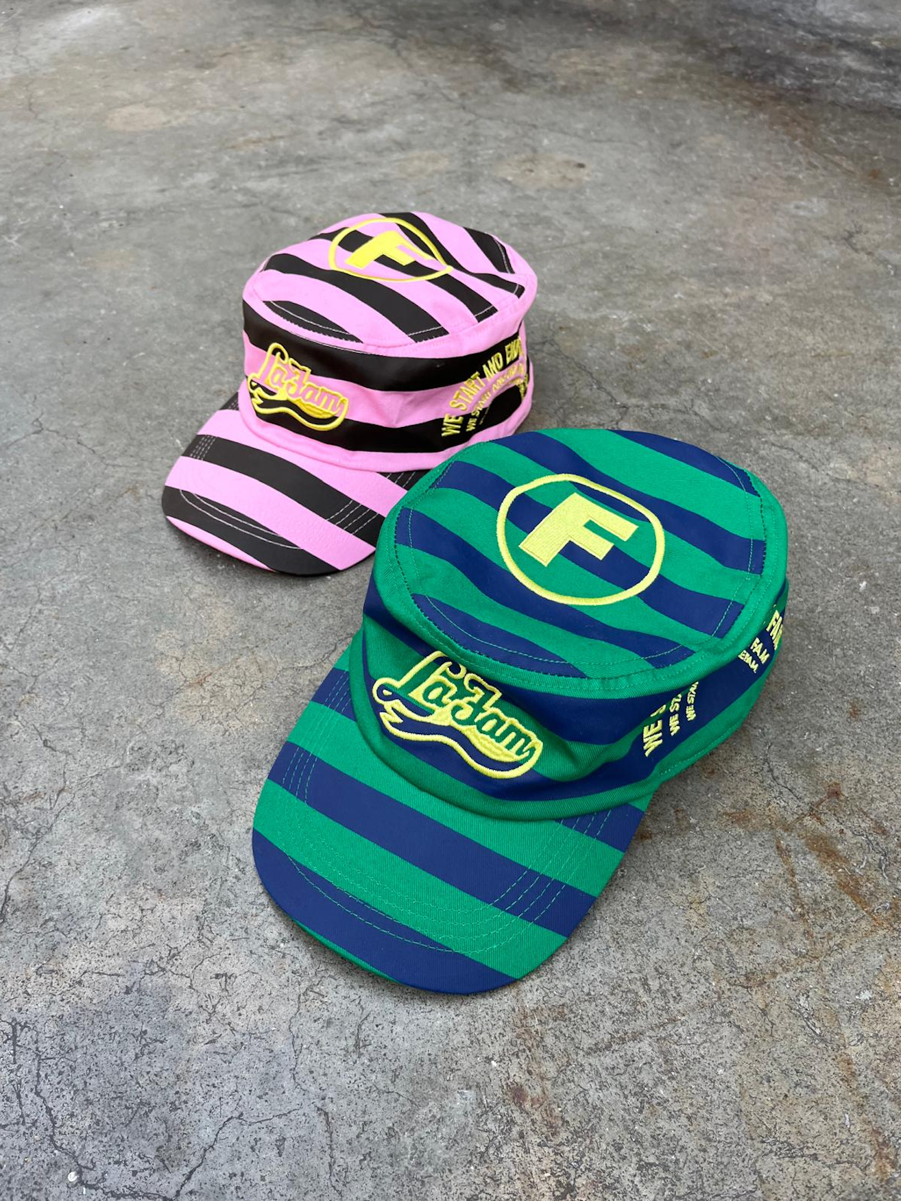 striped f cap green