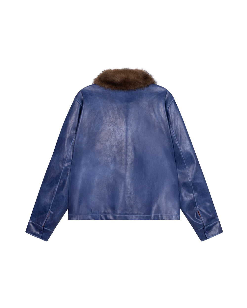 blue distressed fur jacket